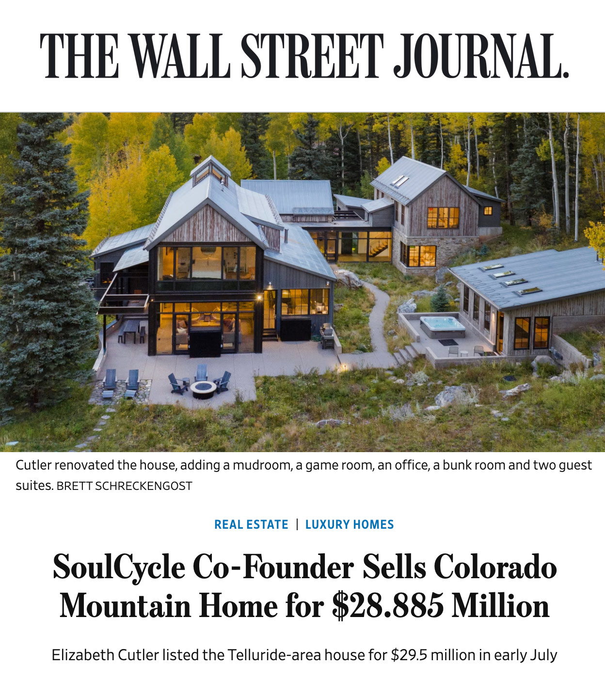 SoulCycle Co-Founder Sells Colorado Mountain Home for $28.885 Million